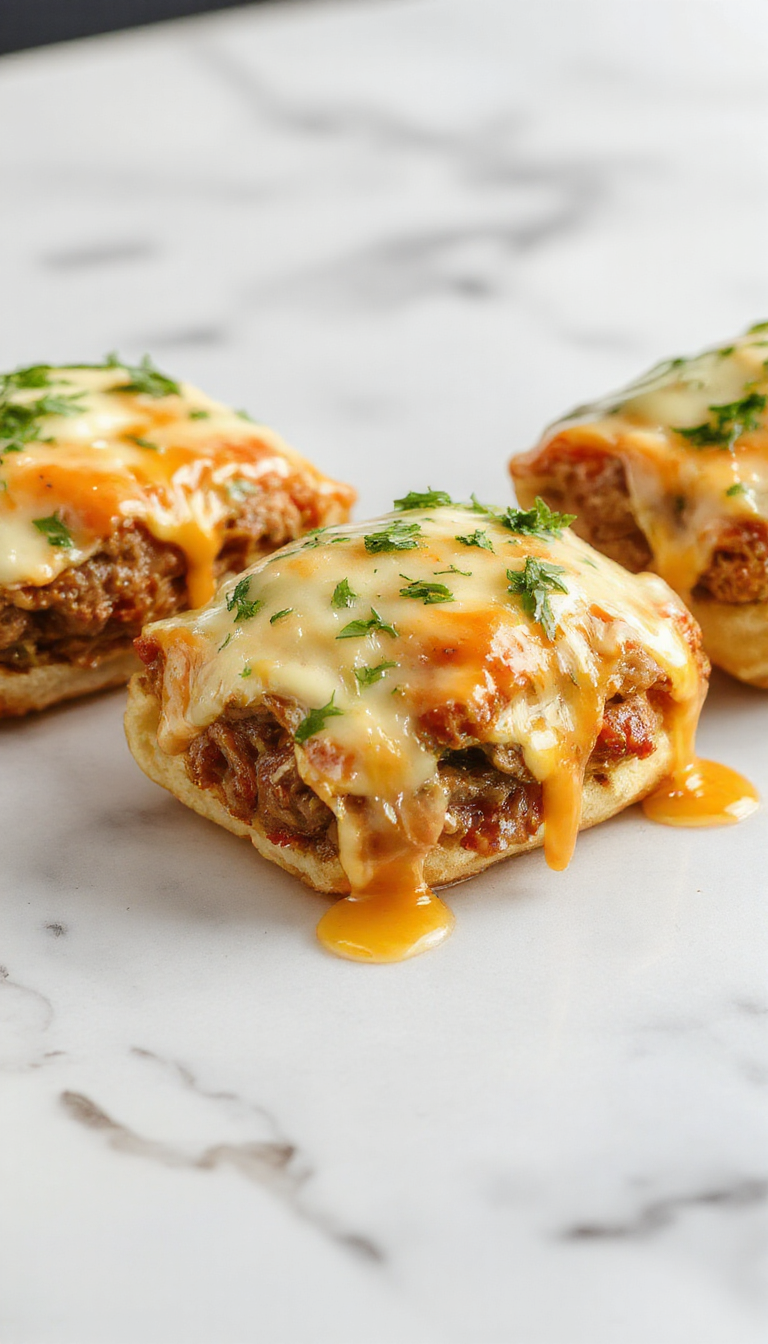 A close-up of golden-brown keto Philly cheesesteak rolls sliced open to reveal juicy steak, melted cheese, sautéed peppers, and onions inside. The rolls are placed on a rustic wooden platter, garnished with fresh herbs, with a side of dipping sauce and a few extra rolls scattered around. The vibrant colors of the peppers and the glossy cheese create an appetizing and inviting presentation.