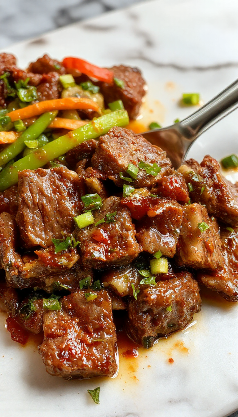 A vibrant plate of Korean beef stir fry featuring thinly sliced beef cooked with colorful bell peppers, onions, and carrots in a glossy, savory sauce. The dish is beautifully plated on a stark white plate, garnished with sesame seeds and chopped green onions, showcasing glossy textures and fresh ingredients with a rustic chopstick setting in a cozy kitchen background.