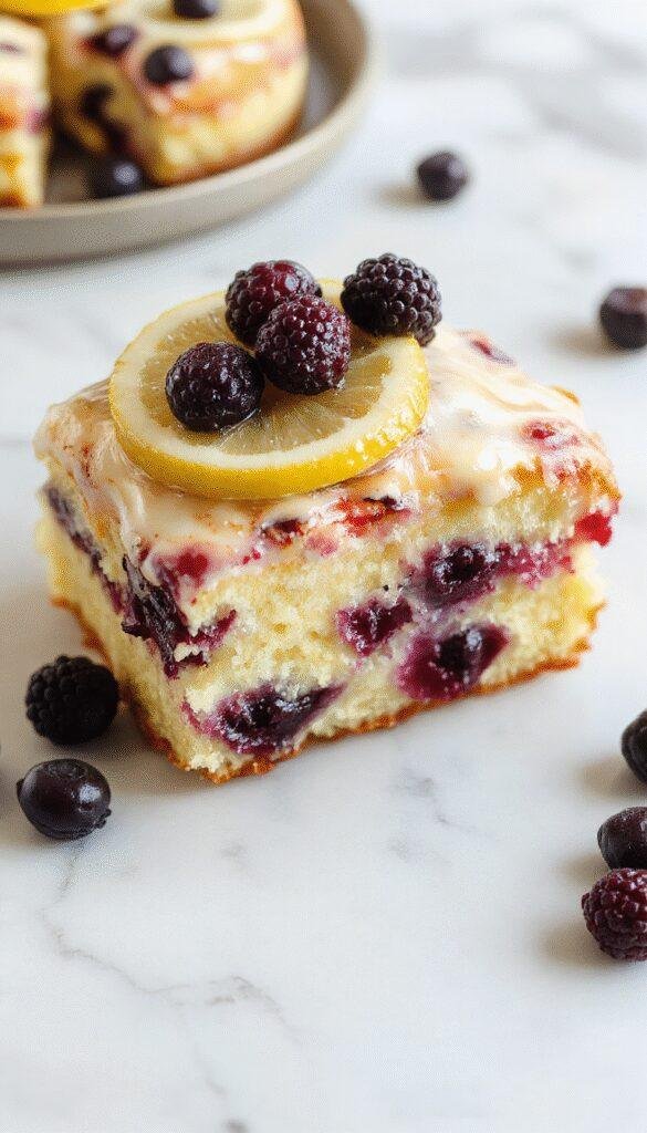 A vibrant Lemon Blueberry Cake garnished with fresh blueberries and lemon slices, showcasing a moist, fluffy texture with a bright yellow glaze, beautifully presented on a rustic wooden platter with scattered blueberries and lemon wedges for an inviting, colorful dessert scene.