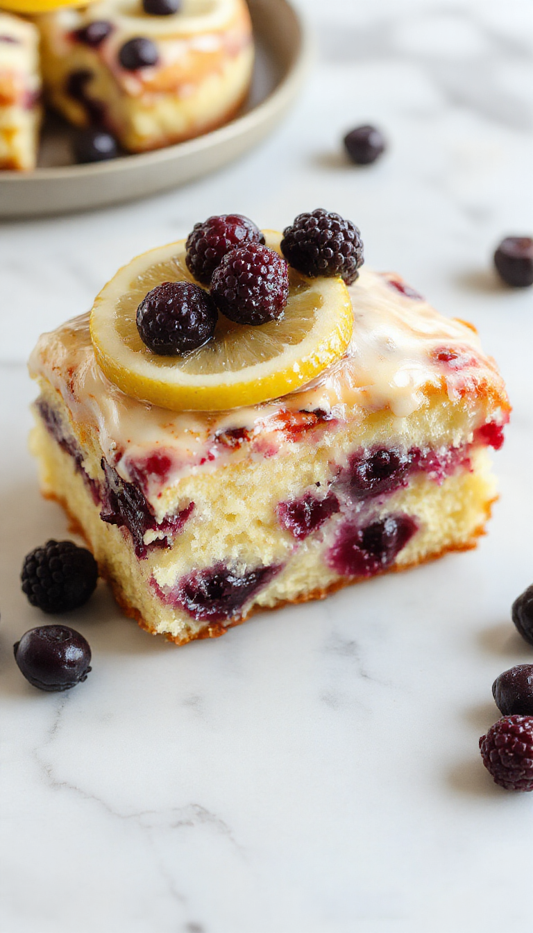 A vibrant Lemon Blueberry Cake garnished with fresh blueberries and lemon slices, showcasing a moist, fluffy texture with a bright yellow glaze, beautifully presented on a rustic wooden platter with scattered blueberries and lemon wedges for an inviting, colorful dessert scene.