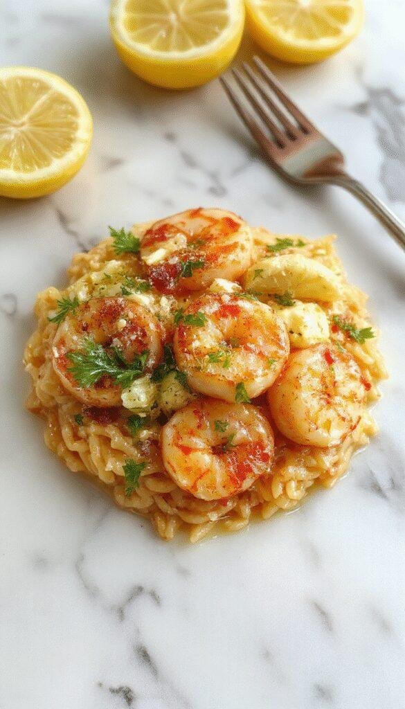 A vibrant plate of Lemon Feta Shrimp Orzo featuring plump pink shrimp, creamy feta cheese, and tender golden orzo pasta, garnished with fresh herbs and lemon zest, arranged beautifully on a white ceramic plate with a bright background highlighting the fresh ingredients and rich textures.