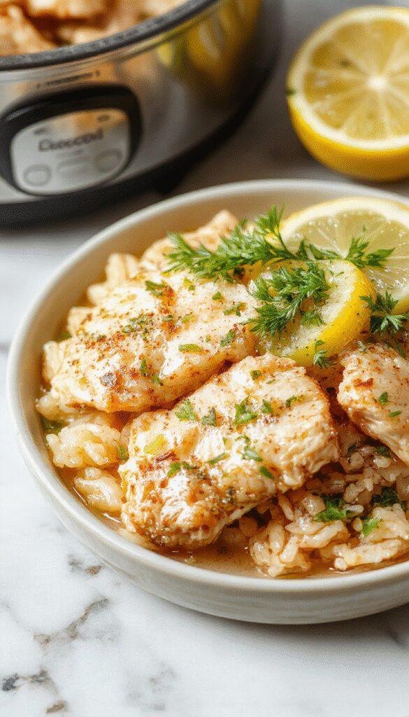 Colorful plated lemon herb chicken served atop fluffy white rice, garnished with fresh herbs and lemon slices, with a vibrant backdrop of herbs and citrus, showcasing textures from crispy chicken skin to tender rice and bright fresh garnishes.