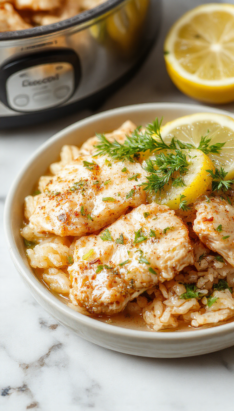 Colorful plated lemon herb chicken served atop fluffy white rice, garnished with fresh herbs and lemon slices, with a vibrant backdrop of herbs and citrus, showcasing textures from crispy chicken skin to tender rice and bright fresh garnishes.