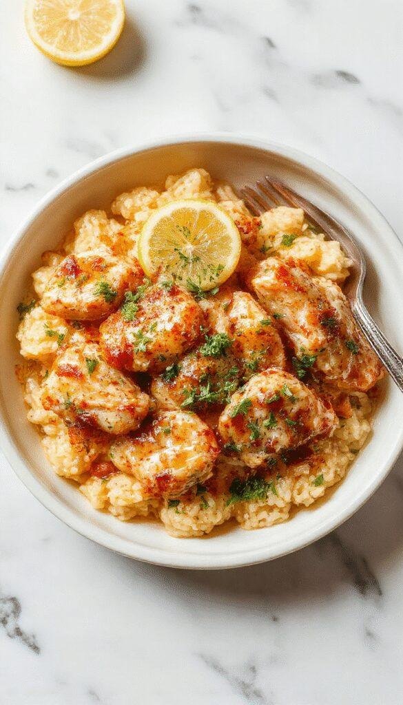 A colorful plate featuring tender shredded chicken coated in a vibrant lemon herb sauce, served over fluffy rice garnished with fresh herbs, with a lemon wedge on the side and a sprig of rosemary for an elegant presentation