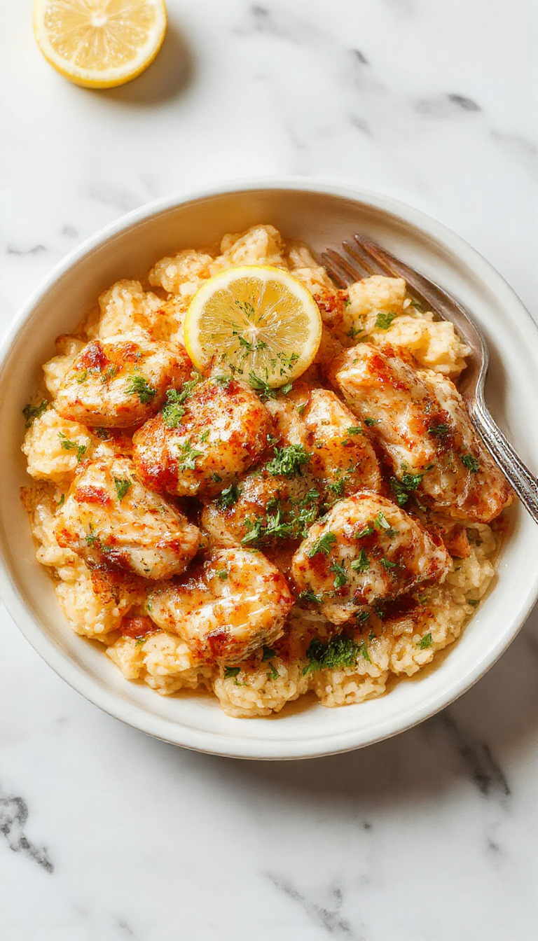 A colorful plate featuring tender shredded chicken coated in a vibrant lemon herb sauce, served over fluffy rice garnished with fresh herbs, with a lemon wedge on the side and a sprig of rosemary for an elegant presentation