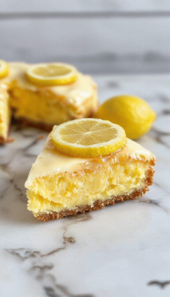 A vibrant lemon sponge pie on a rustic white plate, showcasing its golden crust and fluffy yellow lemon-infused sponge top, garnished with a dusting of powdered sugar and a sprig of fresh mint, against a soft pastel background.