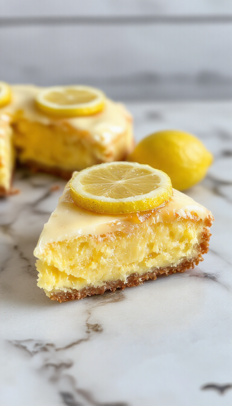 A vibrant lemon sponge pie on a rustic white plate, showcasing its golden crust and fluffy yellow lemon-infused sponge top, garnished with a dusting of powdered sugar and a sprig of fresh mint, against a soft pastel background.
