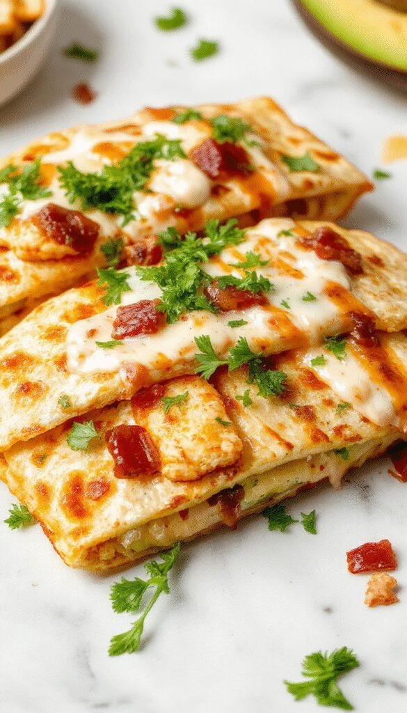 A plate of crispy chicken bacon ranch quesadillas sliced in half, revealing gooey cheese, tender chicken, bacon bits, and green herbs inside.