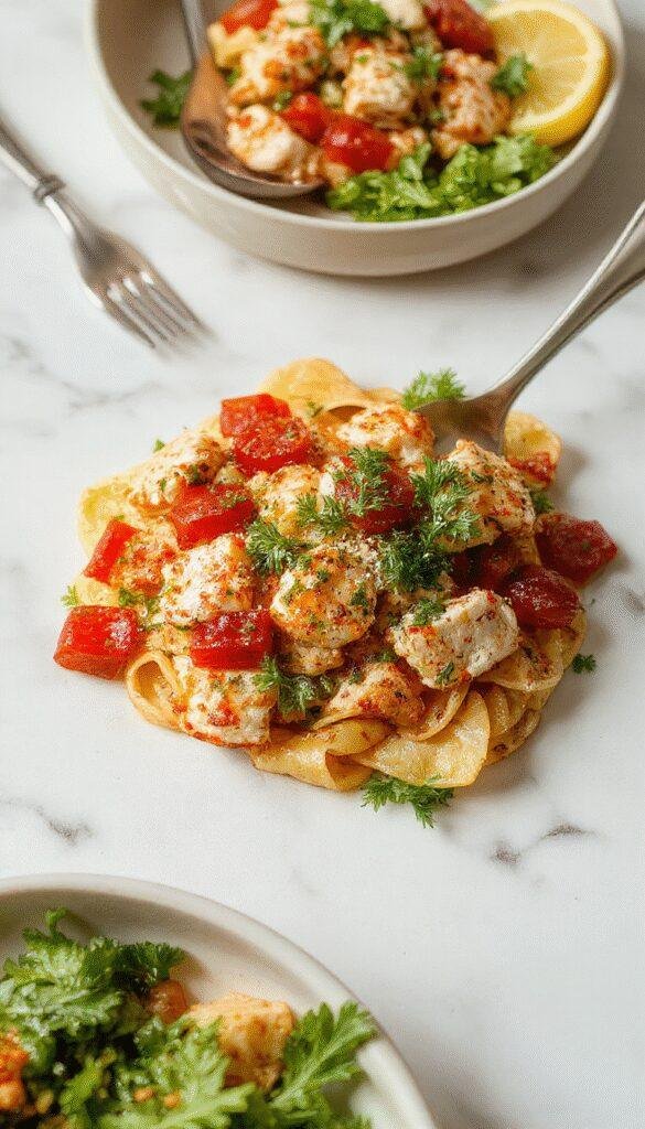 A vibrant Mediterranean chicken pasta salad with colorful vegetables, grilled chicken slices, and a sprinkle of fresh herbs served on a white plate.