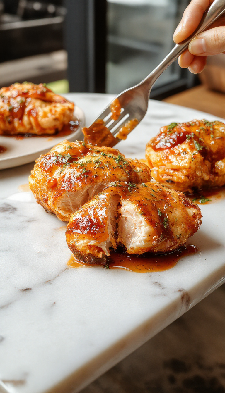 A close-up of perfectly baked melt-in-your-mouth chicken pieces with golden crispy edges, served on a white plate garnished with fresh herbs, surrounded by a light sauce that highlights their tender, juicy interior with a tender, flaky texture.
