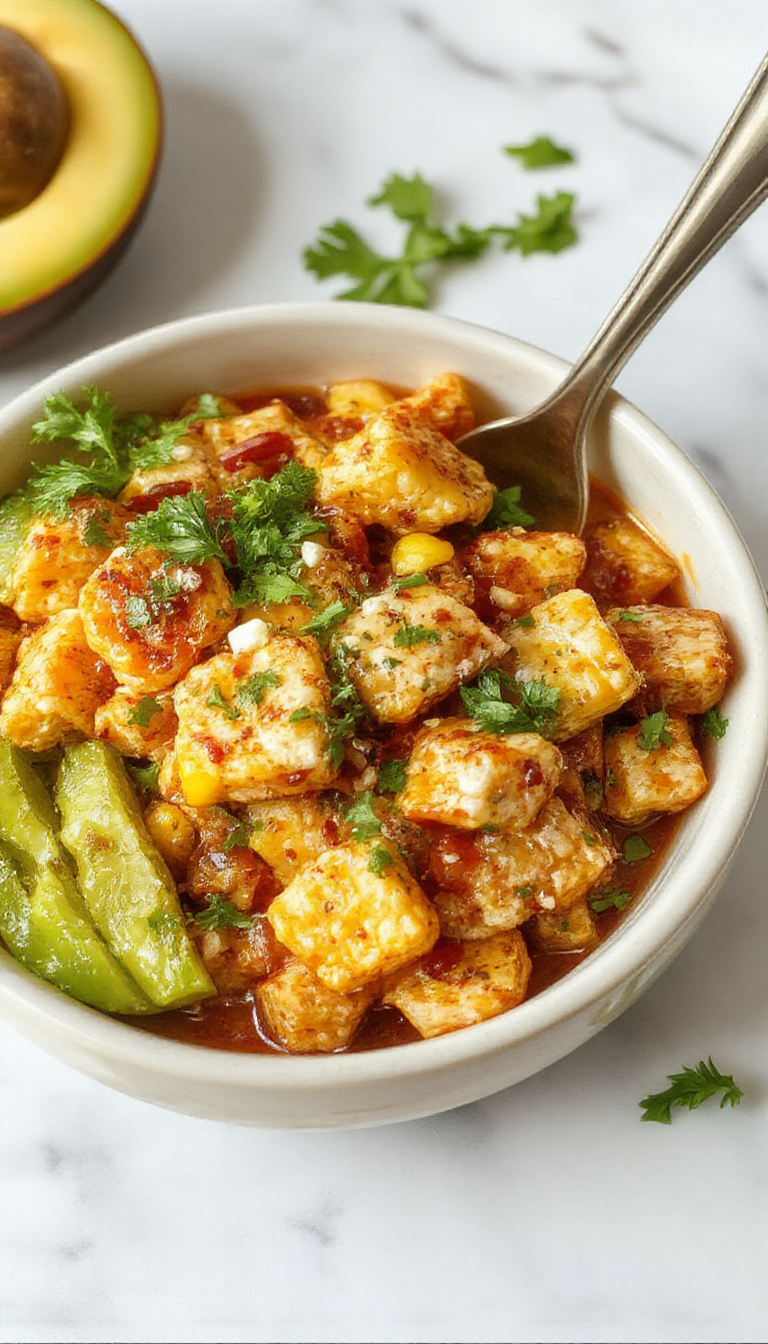 A vibrant Mexican-inspired chicken bowl featuring grilled chicken, creamy street corn topping, fresh cilantro, and sliced lime on a rustic white plate, styled with colorful peppers and a sprinkle of cheese, with a textured background showcasing the appetizing ingredients and textures.