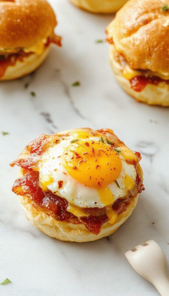 A close-up of Breakfast Sliders with crispy bacon, fluffy scrambled eggs, melted cheese, and soft slider buns sliced open, ready to be served.