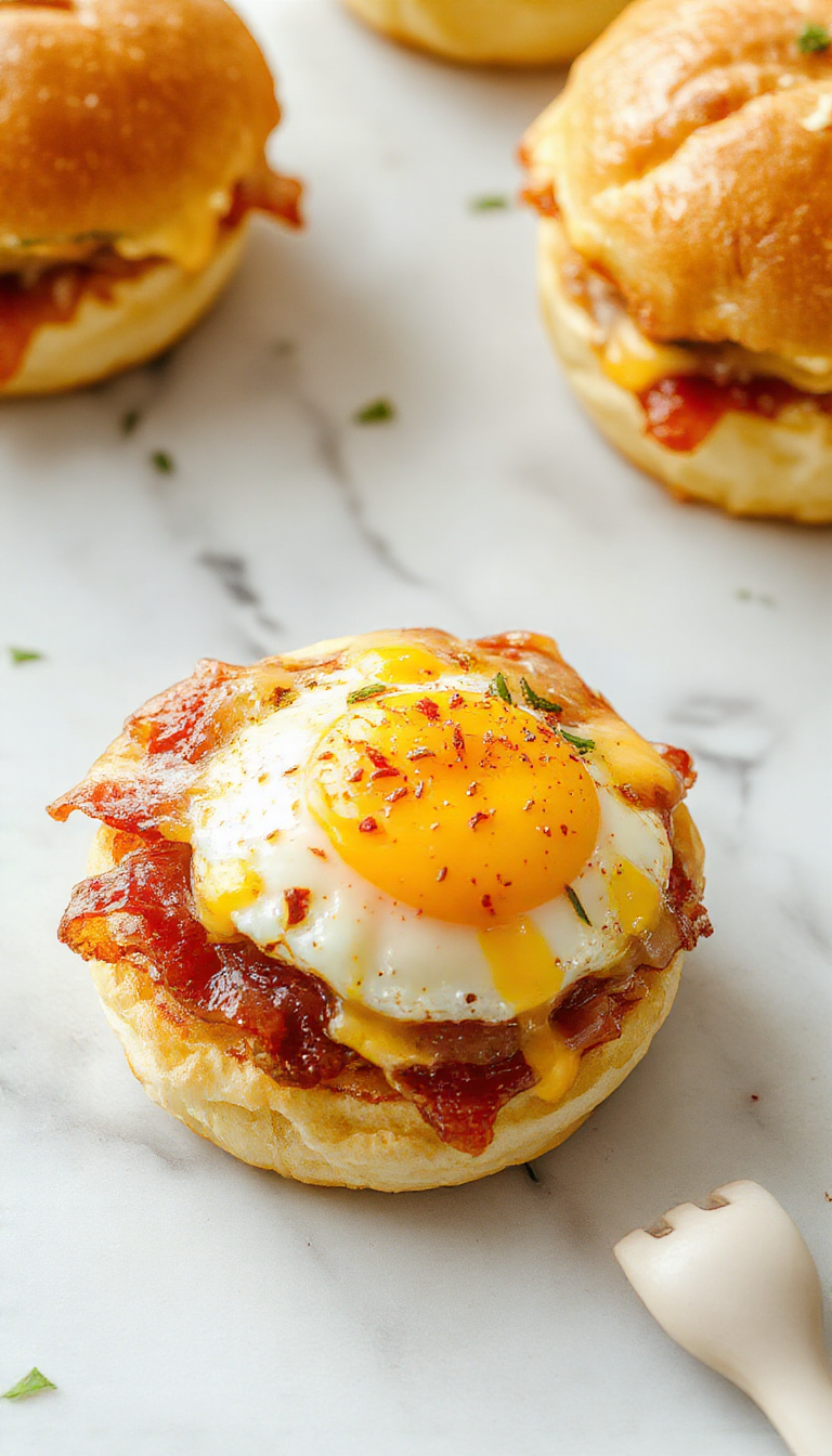A close-up of Breakfast Sliders with crispy bacon, fluffy scrambled eggs, melted cheese, and soft slider buns sliced open, ready to be served.