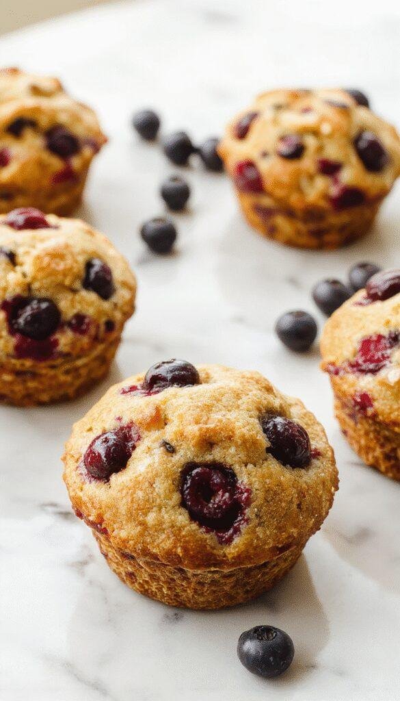 A tray of freshly baked blueberry yogurt muffins garnished with a sprinkle of powdered sugar, showcasing their golden-brown tops and vibrant blueberries inside.