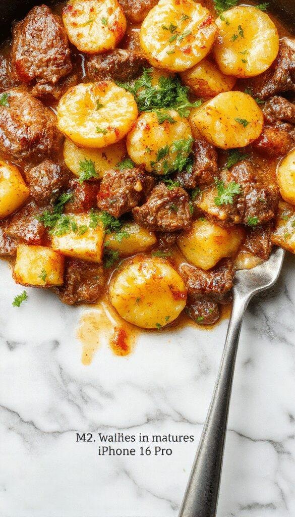 A vibrant, close-up image of a golden-brown skillet filled with diced potatoes, ground meat, melted cheese, and fresh herbs. The dish is presented on a rustic wooden table, with steam rising, highlighting the crispy edges and creamy cheese topping, styled with sprigs of parsley for garnishing.