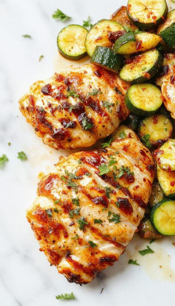 A colorful plate of One-Pan Mediterranean Chicken and Zucchini, featuring grilled chicken breasts served alongside vibrant zucchini slices topped with herbs.