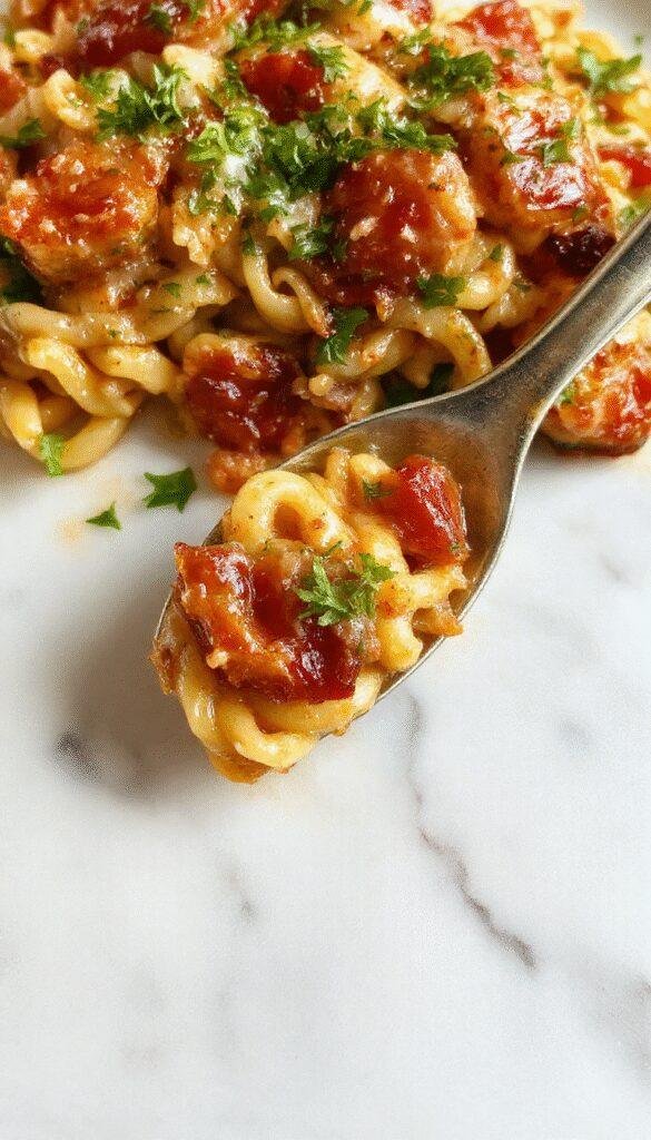 A vibrant plate of one-pan orzo pasta garnished with fresh herbs and cherry tomatoes, served on a rustic wooden table.