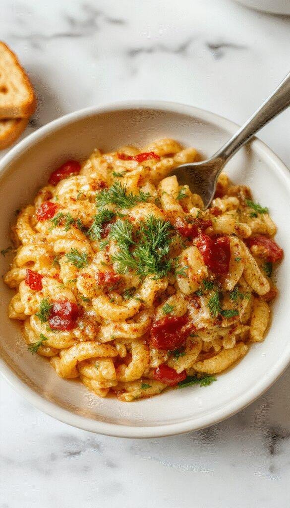 A vibrant plate of cooked orzo pasta garnished with fresh herbs, served in a rustic skillet for a simple, delicious dinner.