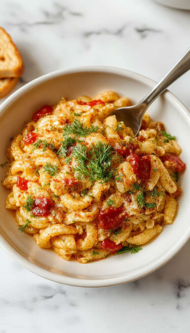 A vibrant plate of cooked orzo pasta garnished with fresh herbs, served in a rustic skillet for a simple, delicious dinner.