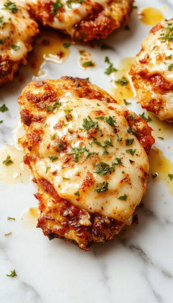 A golden-brown baked chicken parmesan topped with melted mozzarella and marinara sauce, served on a white plate garnished with fresh basil, with a side of spaghetti and parmesan cheese, vibrant red and green colors, enticing textures of crispy coating and gooey cheese, styled in a rustic kitchen setting.