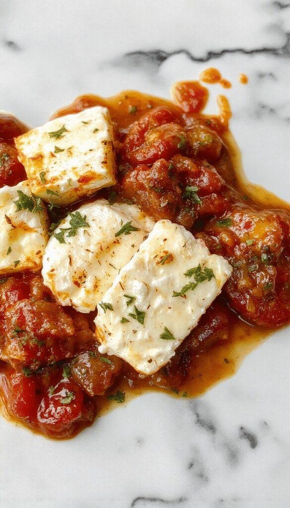 A plate of oven-roasted feta and tomato pasta garnished with fresh basil, showcasing vibrant colors and melting feta cheese atop al dente pasta.