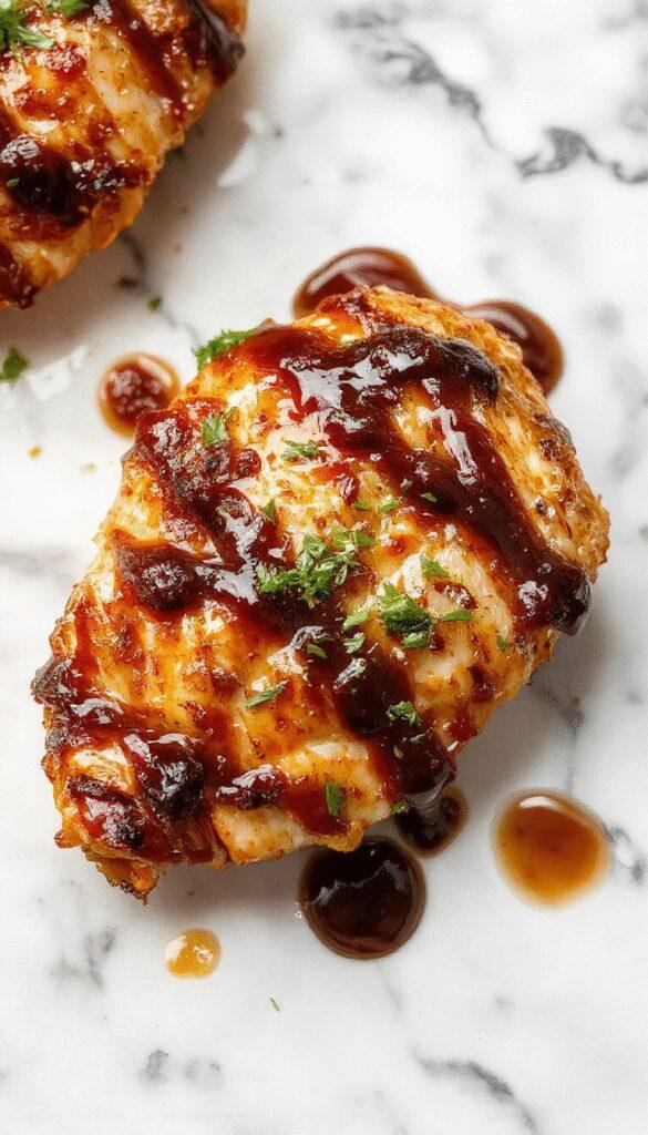 A close-up of juicy balsamic chicken breasts glazed with a rich, glossy balsamic reduction on a white plate, garnished with fresh herbs, with a rustic wooden table background, vibrant colors, and a hint of caramelized edges highlighting the tender, flavorful meat.