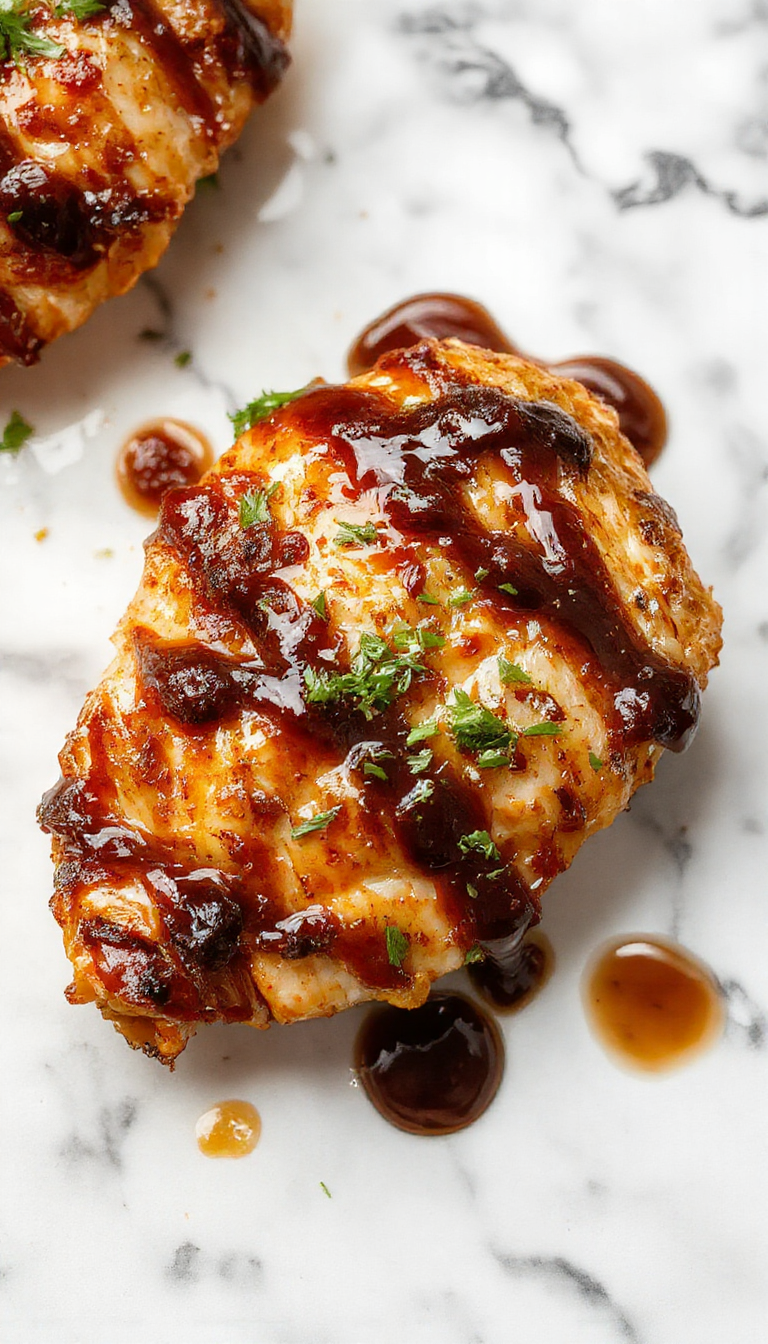 A close-up of juicy balsamic chicken breasts glazed with a rich, glossy balsamic reduction on a white plate, garnished with fresh herbs, with a rustic wooden table background, vibrant colors, and a hint of caramelized edges highlighting the tender, flavorful meat.