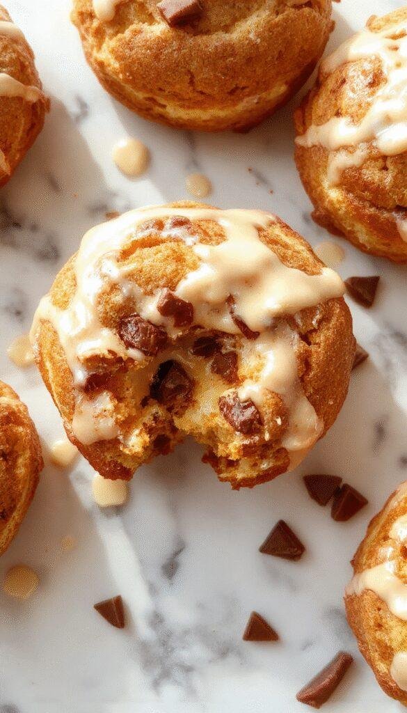 Golden brown Peachy Keen Cruffins filled with juicy peach compote and topped with powdered sugar, arranged on a rustic plate.