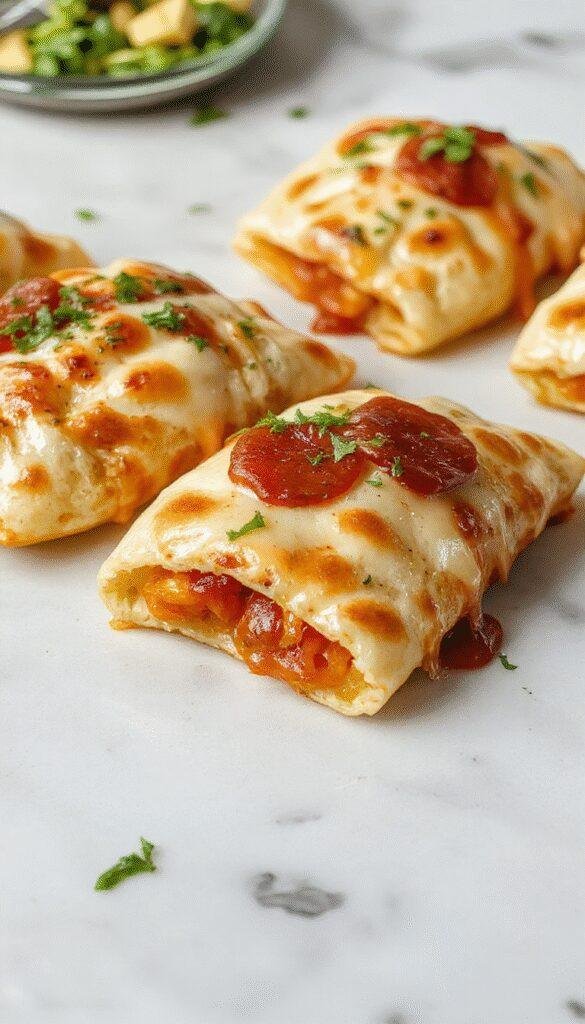 A vibrant close-up of golden-brown pepperoni pizzadillas stacked on a rustic wooden plate, with melted cheese oozing out, garnished with fresh herbs and served with a side of marinara sauce, capturing a tempting homemade snack with crispy edges and gooey interior.