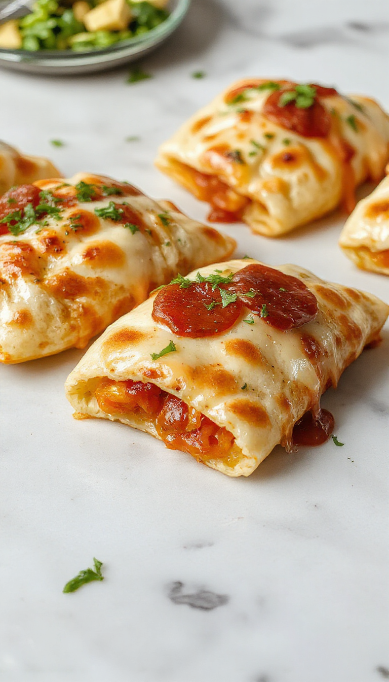 A vibrant close-up of golden-brown pepperoni pizzadillas stacked on a rustic wooden plate, with melted cheese oozing out, garnished with fresh herbs and served with a side of marinara sauce, capturing a tempting homemade snack with crispy edges and gooey interior.
