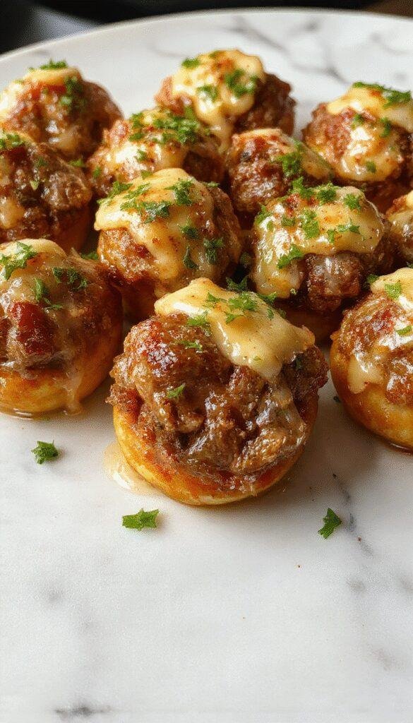 Appetizing close-up of golden-brown garlic butter beef bites garnished with fresh herbs on a rustic plate.