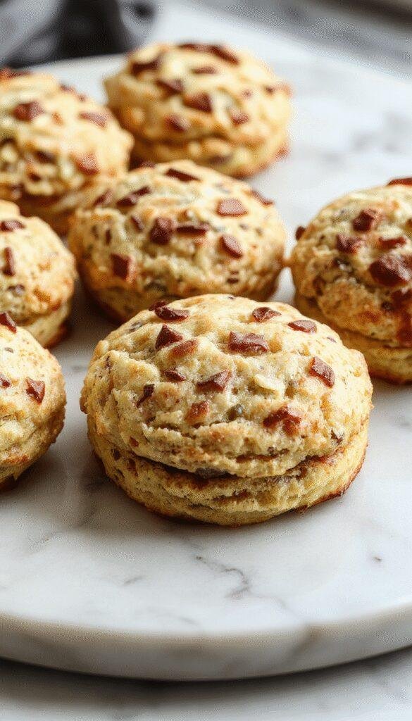 A tray of freshly baked power-packed breakfast biscuits with a golden-brown crust, garnished with a touch of herbs and placed on a rustic wooden table.