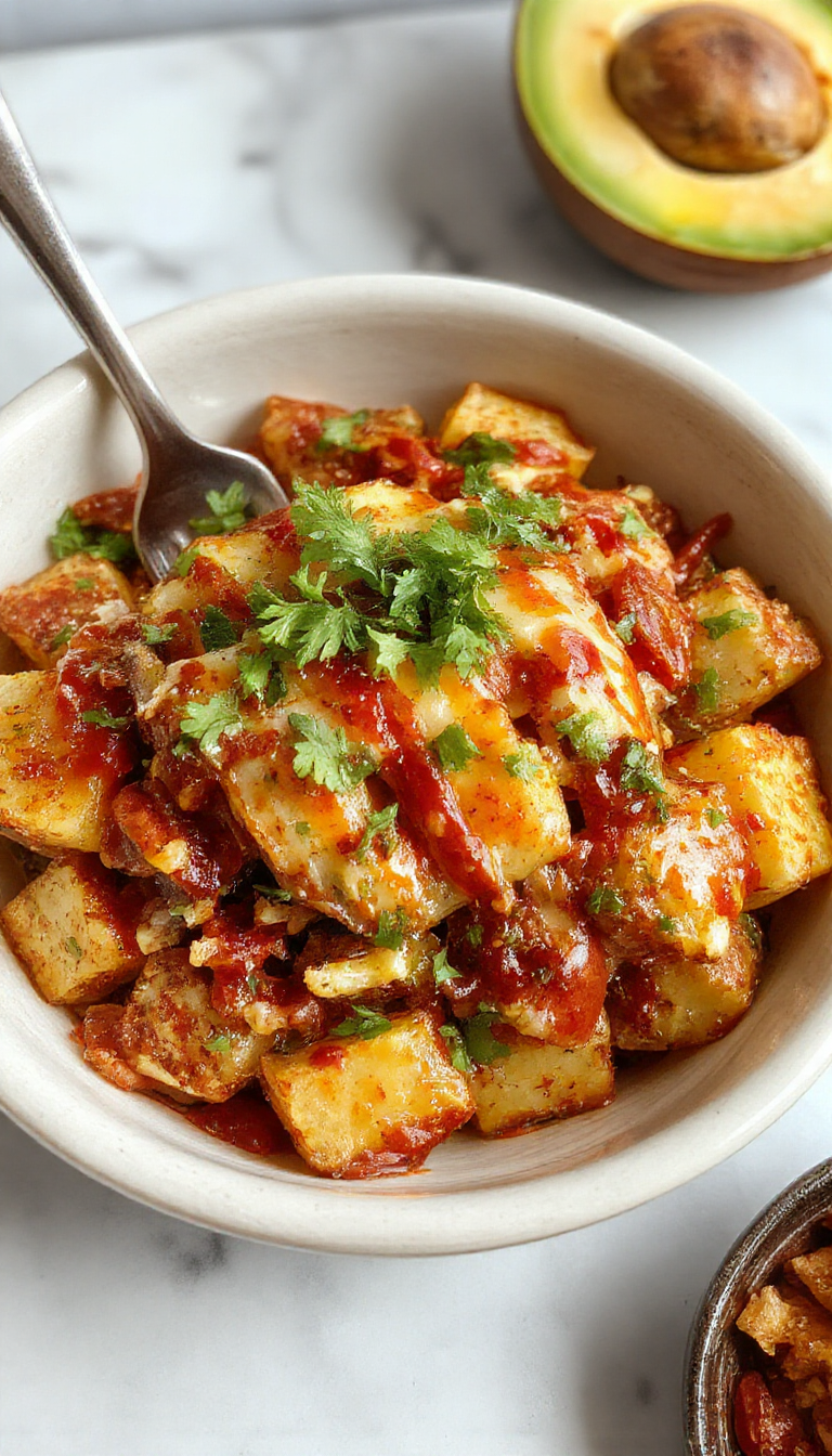 A colorful bowl filled with seasoned diced potatoes, fresh toppings like lettuce, tomatoes, cheese, and sour cream, showcasing a delicious Power-Packed Potato Taco Bowl.