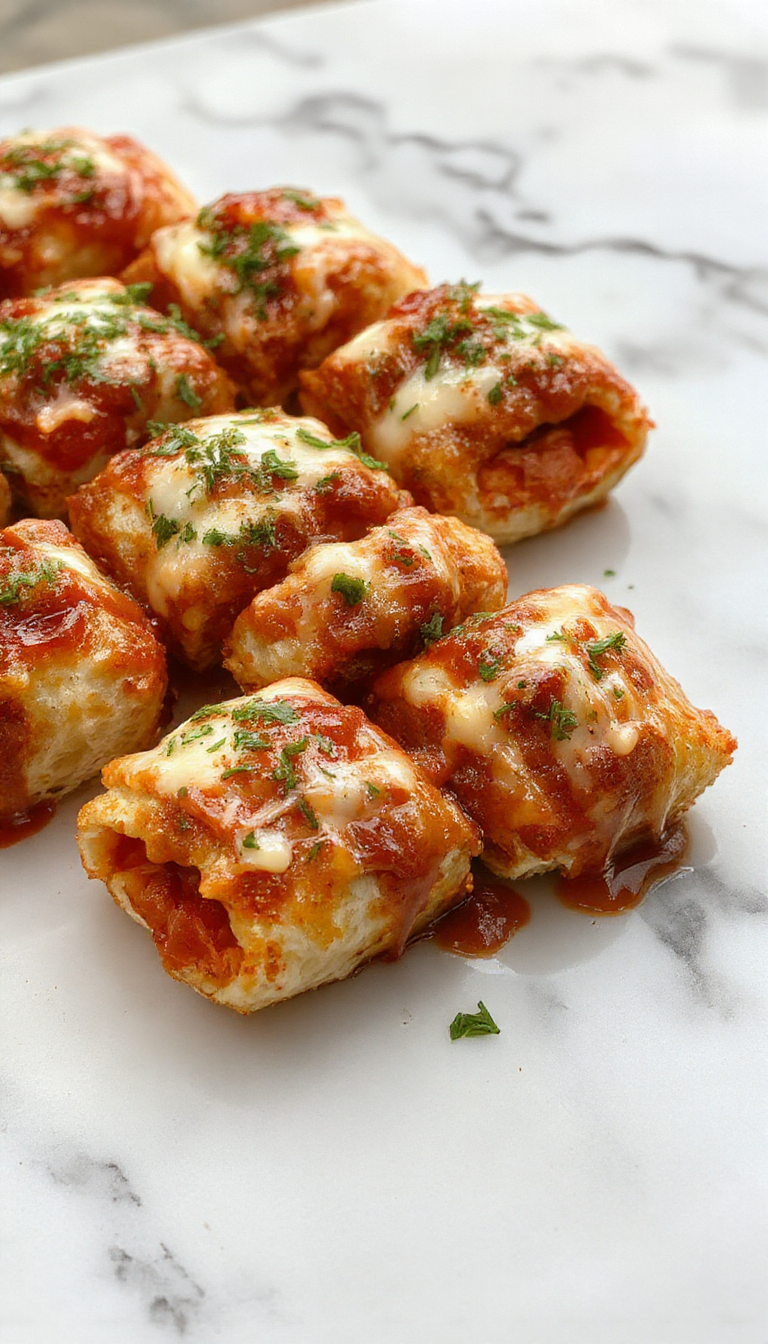 A plate of protein-packed pepperoni pizza rolls with melted cheese and crispy crust, garnished with fresh herbs and placed on a rustic wooden table.