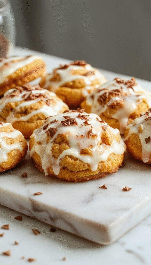 A plate of Pumpkin Spice Cloud Cookies topped with a glossy cinnamon glaze, surrounded by autumn leaves and a warm mug of tea.