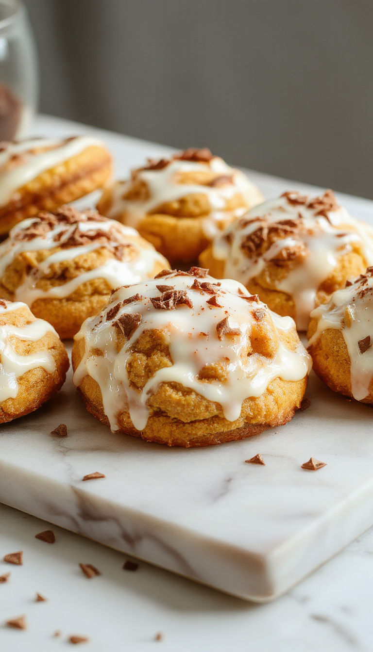 A plate of Pumpkin Spice Cloud Cookies topped with a glossy cinnamon glaze, surrounded by autumn leaves and a warm mug of tea.