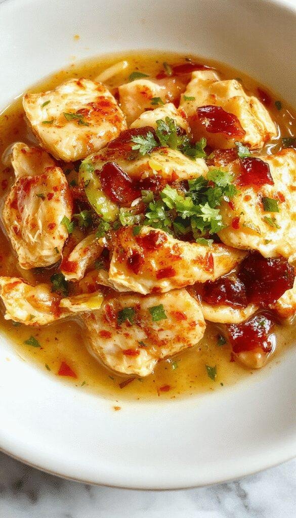 A vibrant plate featuring golden-brown sliced chicken stir-fried with colorful vegetables and noodles, garnished with green onions and sesame seeds, arranged on a rustic wooden table.