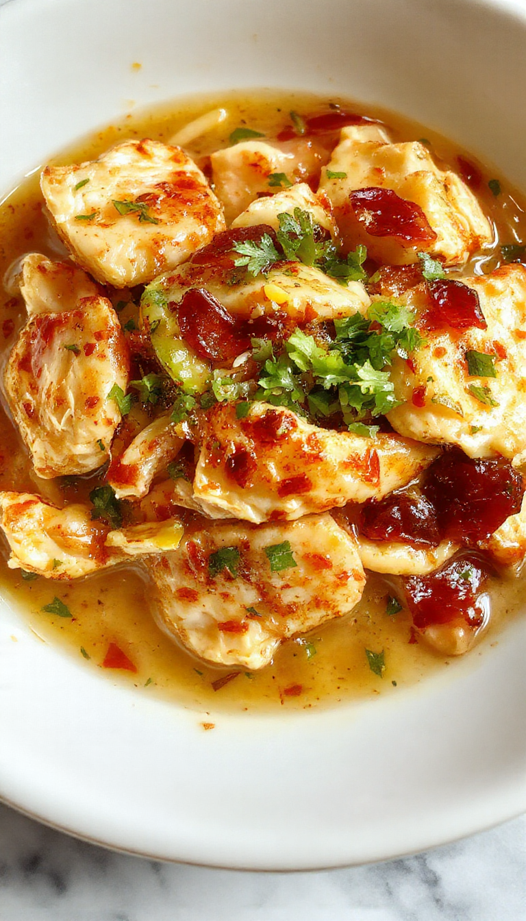 A vibrant plate featuring golden-brown sliced chicken stir-fried with colorful vegetables and noodles, garnished with green onions and sesame seeds, arranged on a rustic wooden table.
