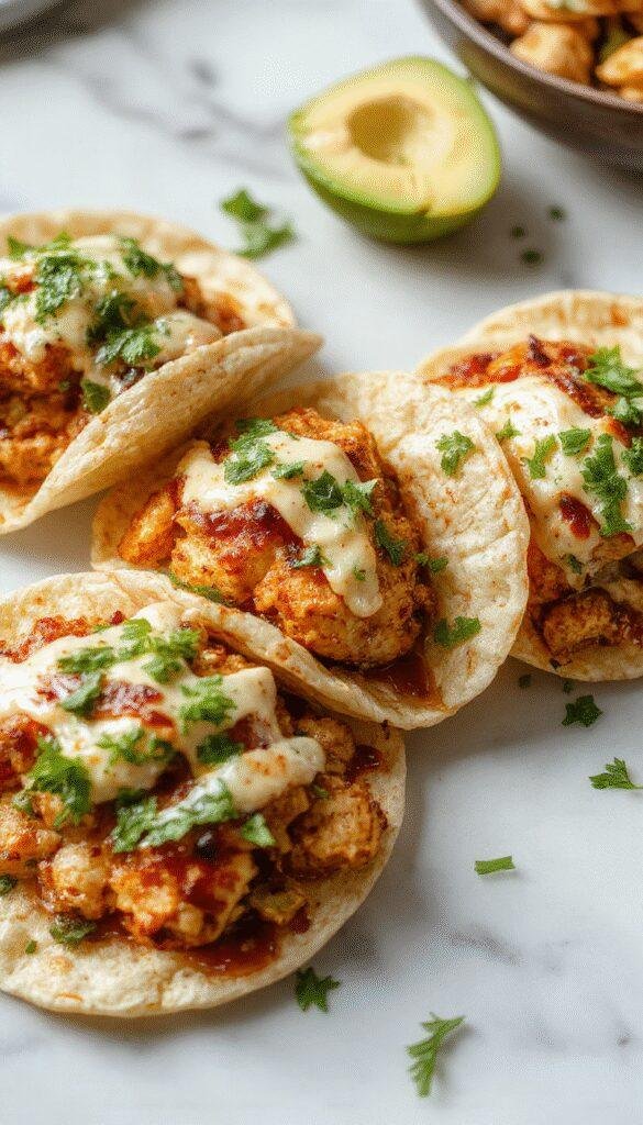 Colorful mini baked chicken tacos arranged on a rustic plate with melted cheese, fresh lettuce, diced tomatoes, and a drizzle of sauce. The tacos are golden brown with crispy edges, garnished with chopped cilantro and lime wedges, set against a vibrant background with soft natural lighting highlighting textures.