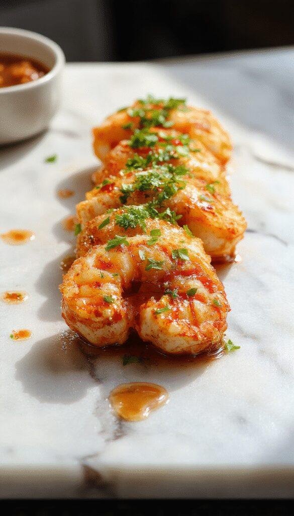 Colorful skillet of honey garlic shrimp with a glossy glaze, garnished with chopped green onions and sesame seeds, served over a bed of steamed rice with bright, appetizing textures.