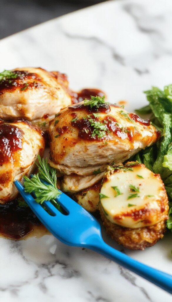 Colorful balsamic chicken served on a rustic white plate, topped with fresh herbs. The glossy glaze reflects under warm lighting, with caramelized onions and vibrant green spinach on the side. The dish appears tender, juicy, and perfectly cooked, styled simply for an inviting homemade meal.
