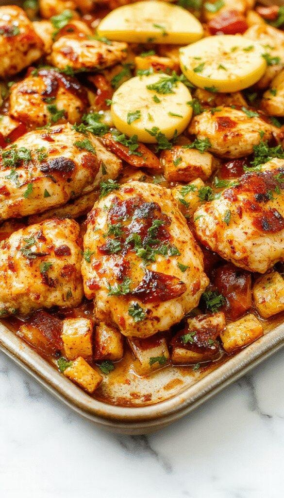 Colorful chicken fajitas arranged on a rustic white plate with vibrant red and green bell peppers, onions, and seasoned chicken strips. The dish is garnished with fresh cilantro and lime wedges, with a background of a wooden table and a side of flour tortillas, showcasing a rustic, appetizing presentation with glistening, sizzling textures.