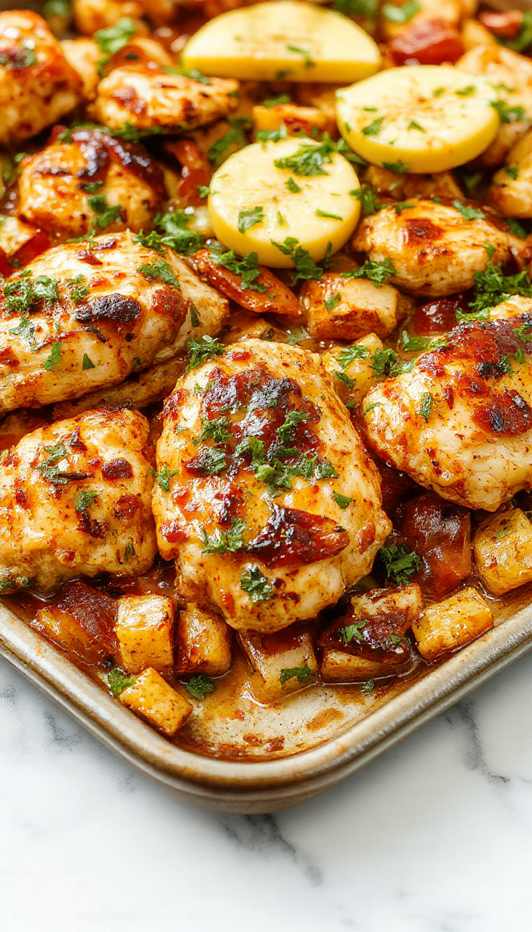 Colorful chicken fajitas arranged on a rustic white plate with vibrant red and green bell peppers, onions, and seasoned chicken strips. The dish is garnished with fresh cilantro and lime wedges, with a background of a wooden table and a side of flour tortillas, showcasing a rustic, appetizing presentation with glistening, sizzling textures.