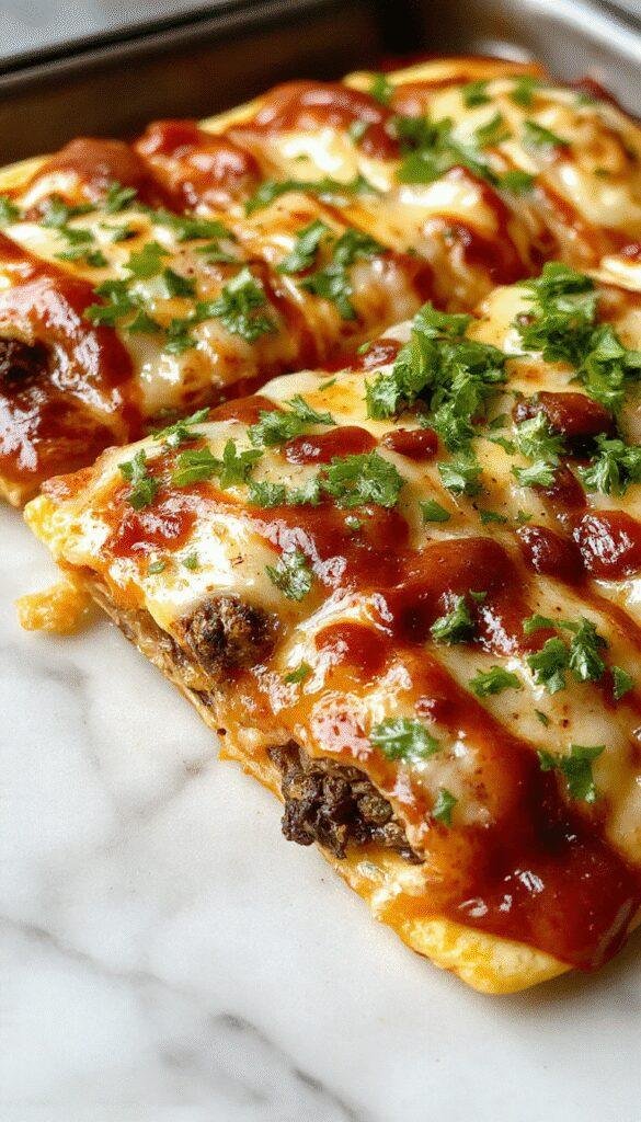 Colorful sheet pan taco pizza with a crispy golden crust topped with shredded lettuce, diced tomatoes, melted cheese, and taco seasoned meat, garnished with fresh cilantro on a rustic wooden table
