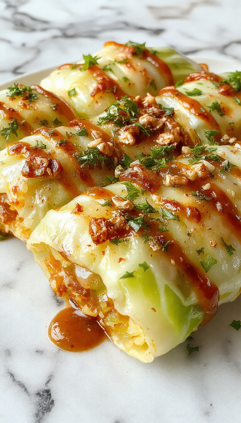 A vibrant plate of cabbage rolls with golden-brown edges, fresh green cabbage leaves wrapping seasoned filling, garnished with chopped herbs, with a side of tomato sauce and a rustic wooden table surface.