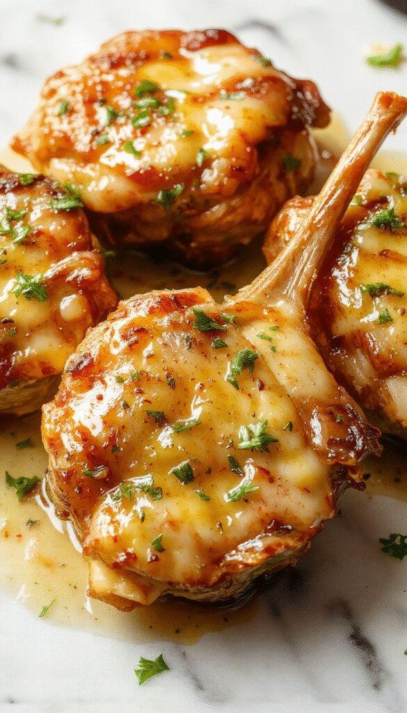 A close-up of golden-brown pork chops glazed with melted garlic butter, garnished with fresh herbs on a rustic wooden plate, with a background of chopped garlic and herbs, showcasing a crispy seared texture and vibrant colors.
