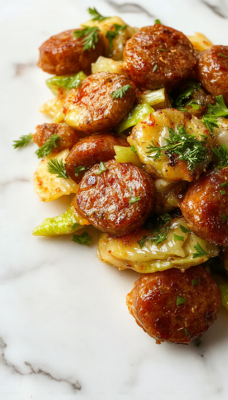 A vibrant plate featuring golden-brown sausage slices intertwined with fresh, finely chopped cabbage, topped with chopped green onions, all arranged on a rustic wooden table with a colorful background, highlighting the textures and colors of the ingredients.