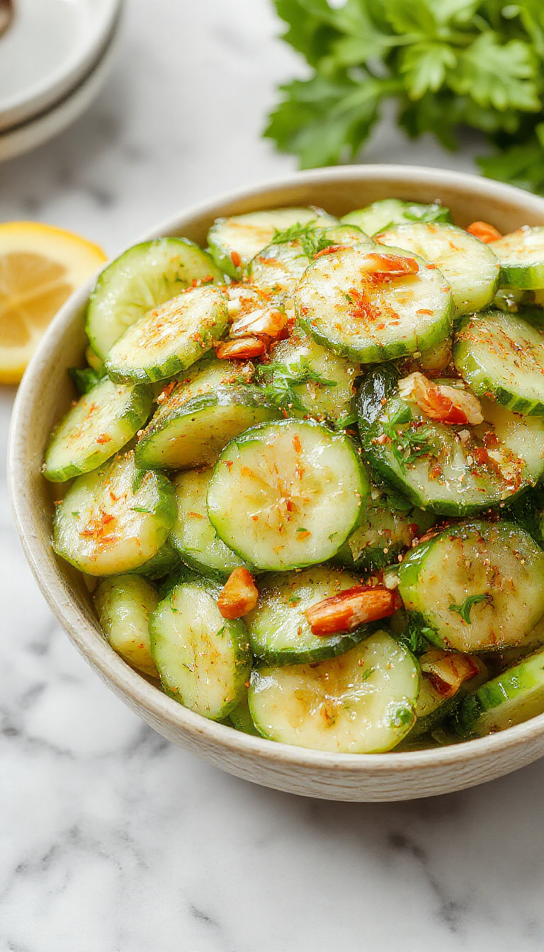 Vivid image of a clear glass bowl filled with diced cucumbers topped with chopped green onions and sesame seeds, surrounded by colorful fresh vegetables on a white rustic table, with a bright natural light highlighting the fresh textures and vibrant green colors.
