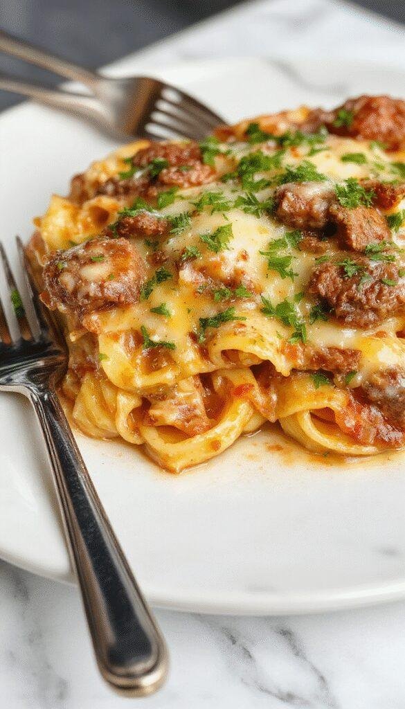A plate of creamy parmesan beef rigatoni garnished with fresh herbs, served with a side of garlic bread on a rustic table.