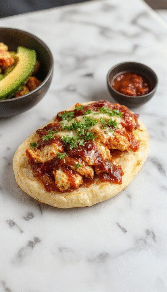 A vibrant flatbread topped with shredded BBQ chicken, melted cheese, chopped cilantro, and red onion slices, presented on a rustic wooden board with a drizzle of BBQ sauce and fresh herbs, showcasing a crunchy, cheesy texture and colorful toppings.